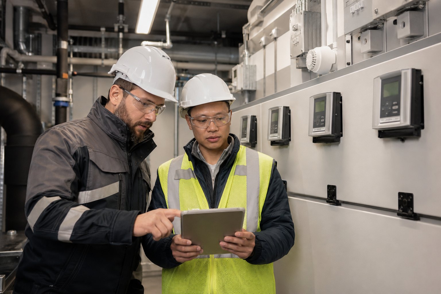 Techniciens analysant un historique d’alarmes sur site