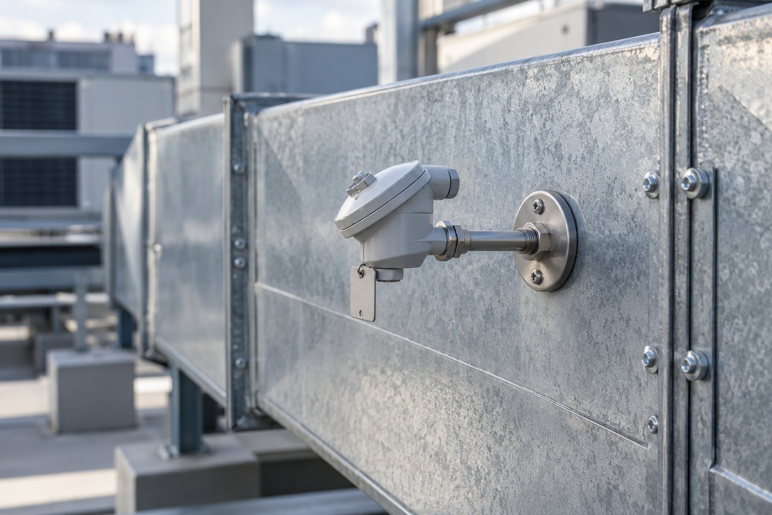 Sonde de température montée sur une gaine de ventilation fermée