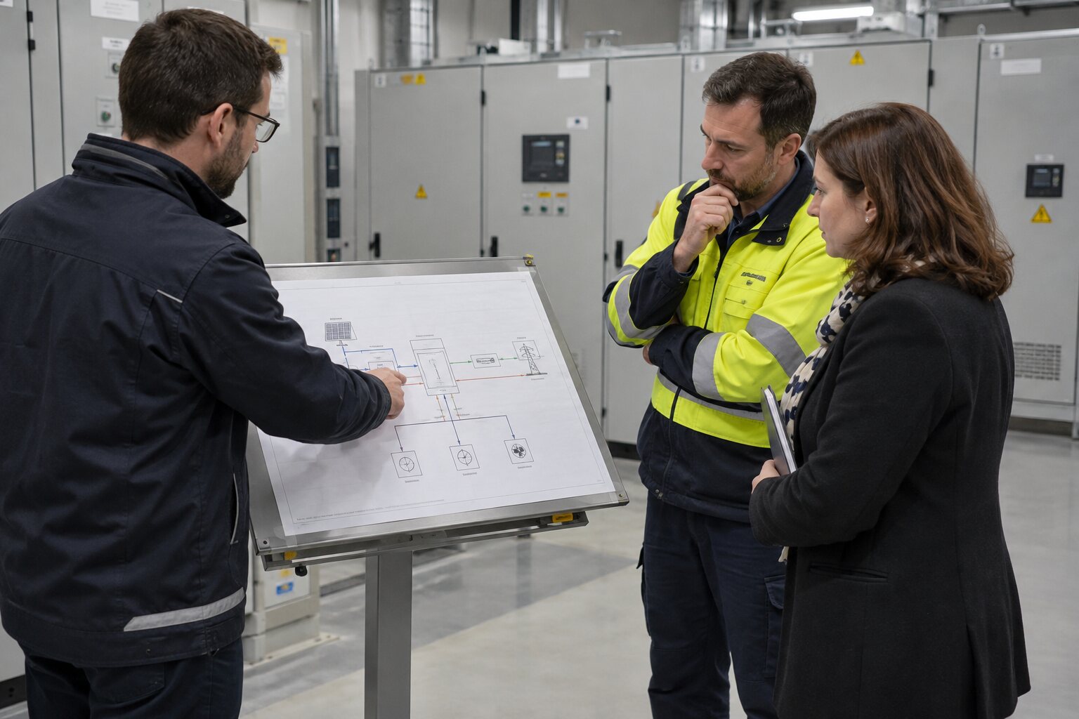 Équipe analysant un schéma fonctionnel dans une mission d’ingénierie GTB GTC