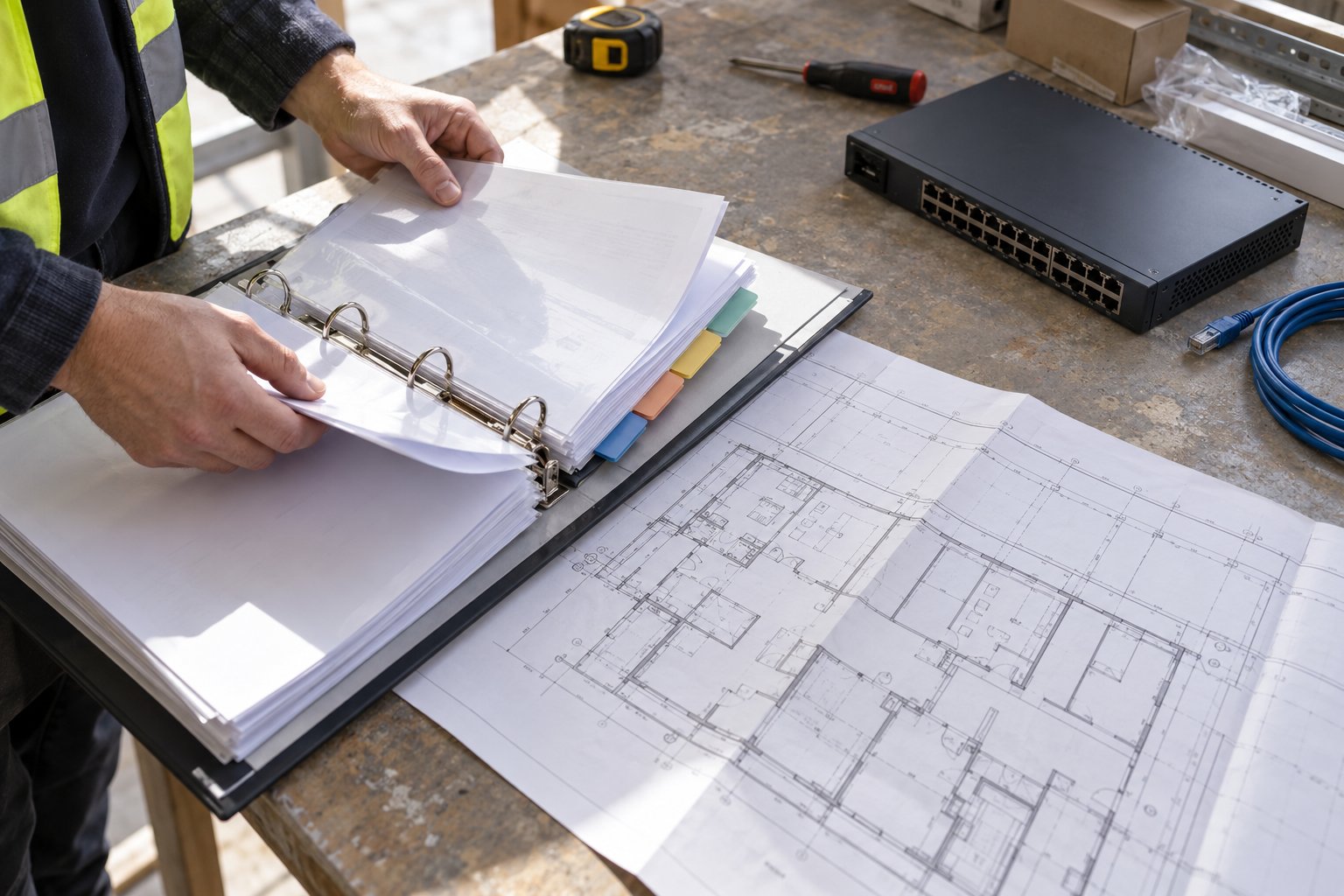 Documentation de passation GTC et plan de bâtiment sur un établi