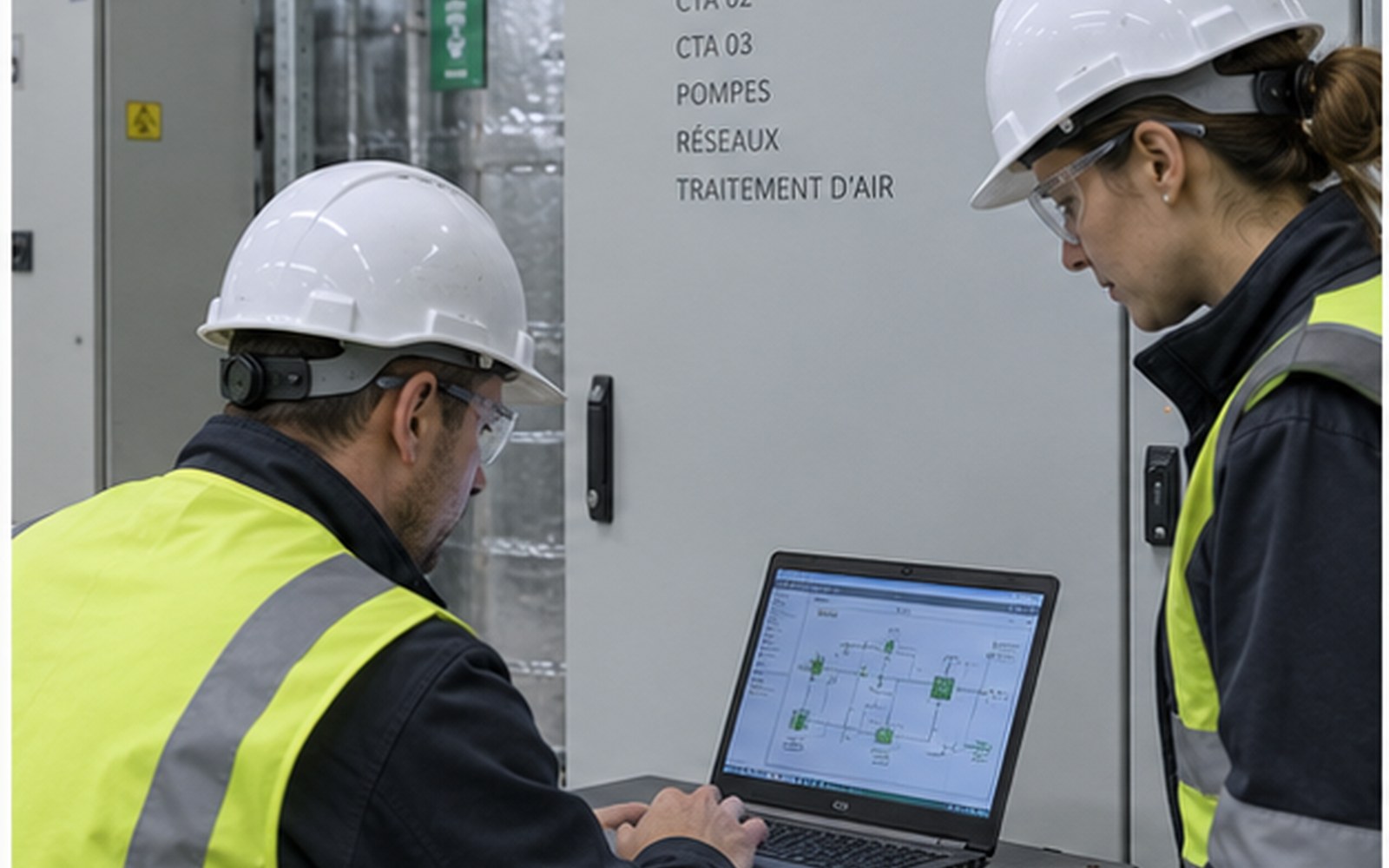 Équipe réalisant des essais fonctionnels CVC et GTB en sécurité