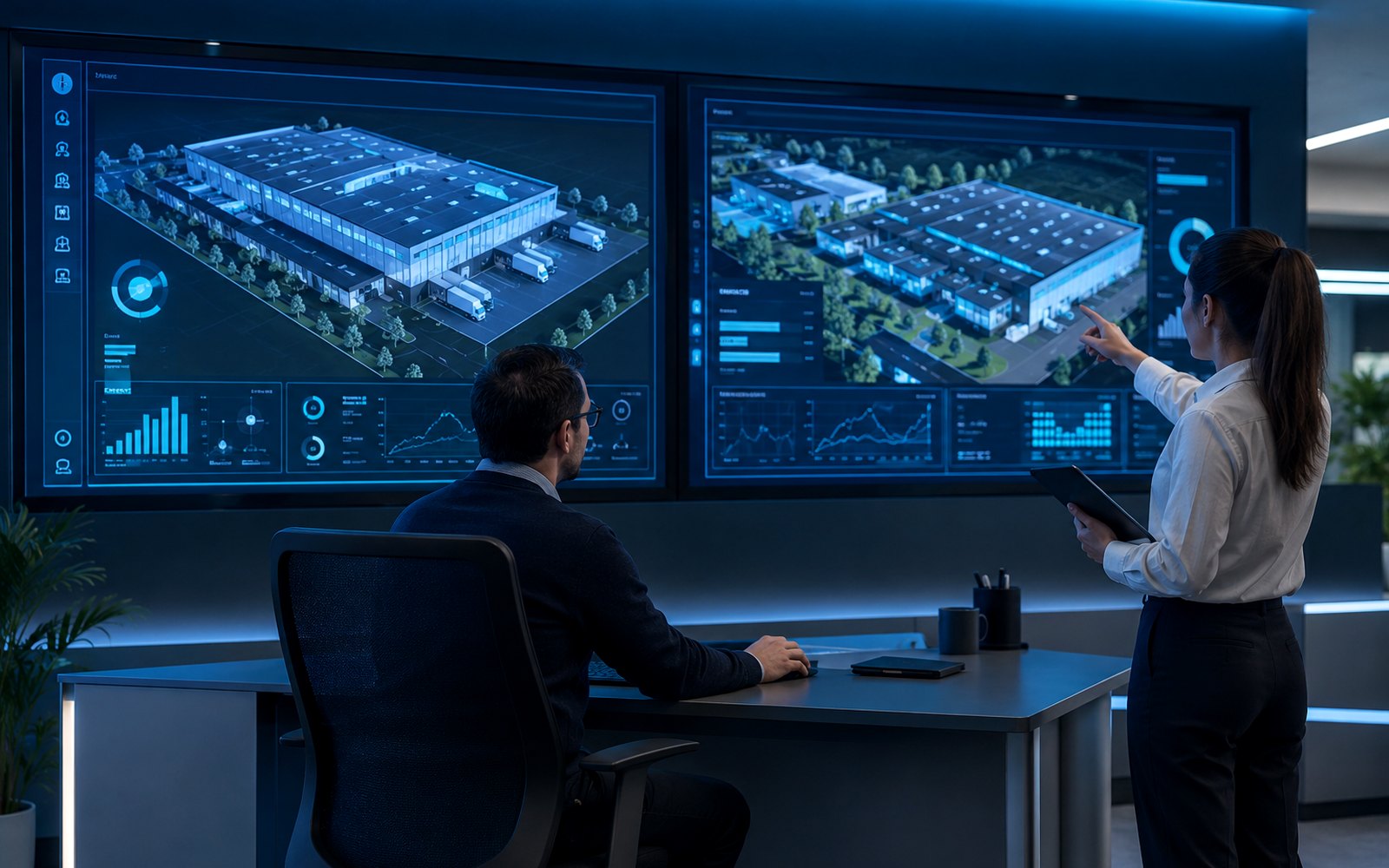Ingénieurs GTB analysant une hypervision multisite dans un centre de supervision
