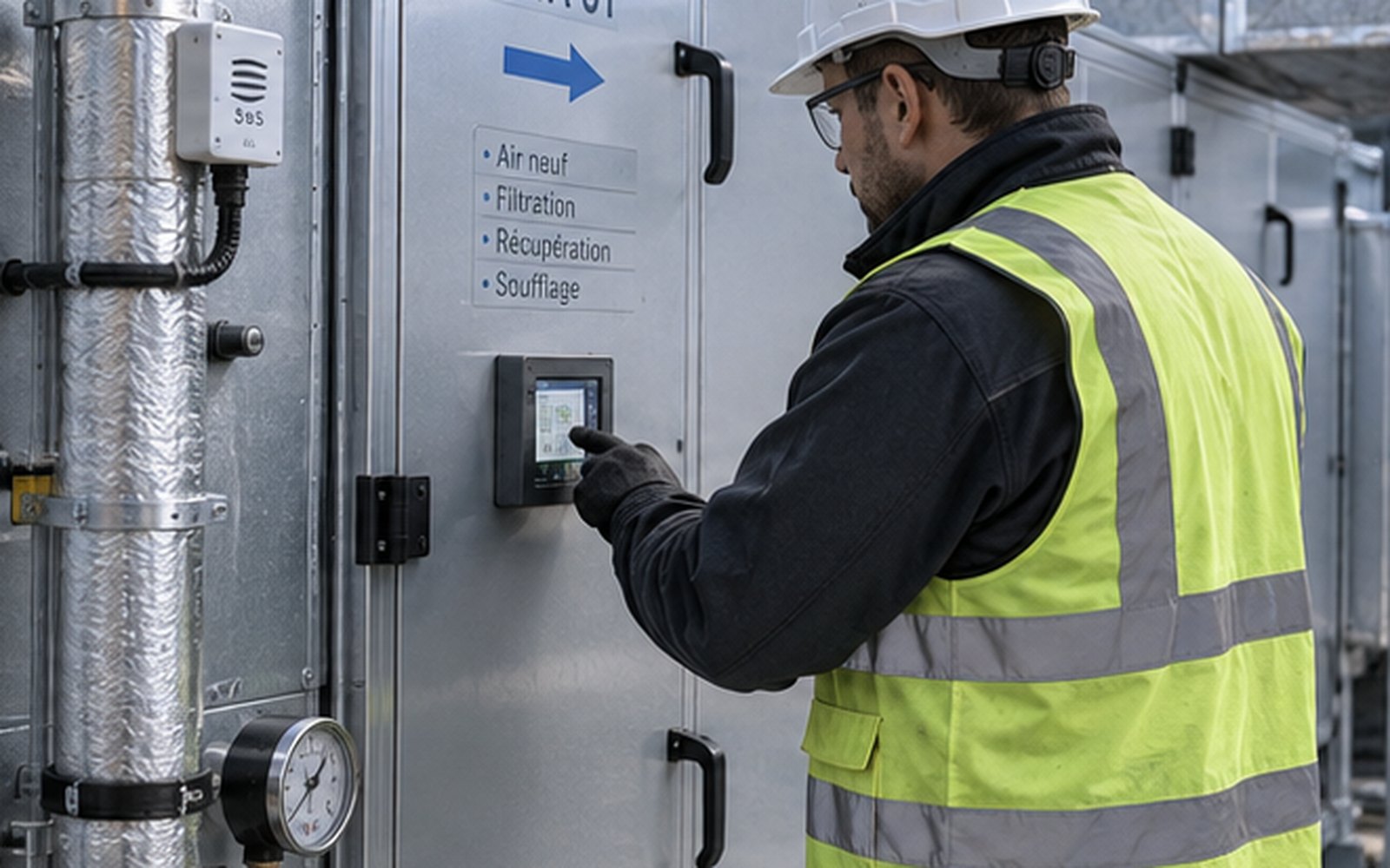 Technicien inspectant une centrale de traitement d’air en exploitation