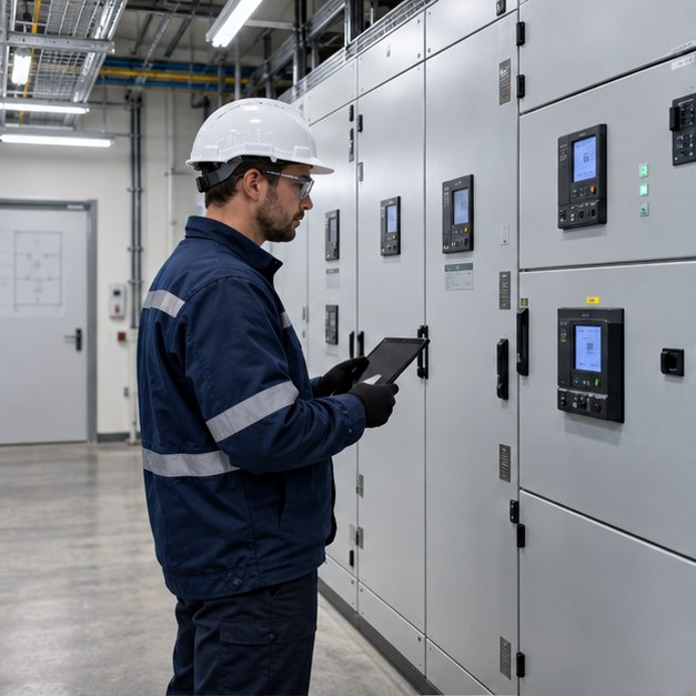 Technicien contrôlant un plan de comptage GTB dans un local électrique industriel