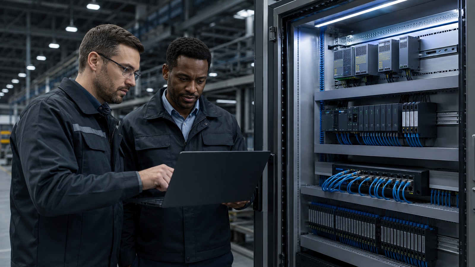 Ingénieurs analysant la cybersécurité d’une armoire GTB dans un site industriel