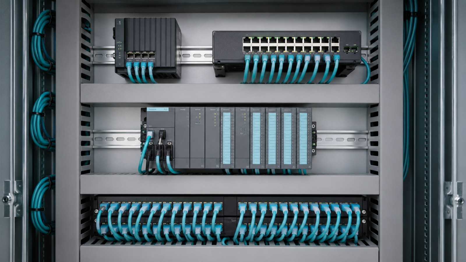 Armoire réseau GTB segmentée avec switch, pare-feu et automate correctement raccordés